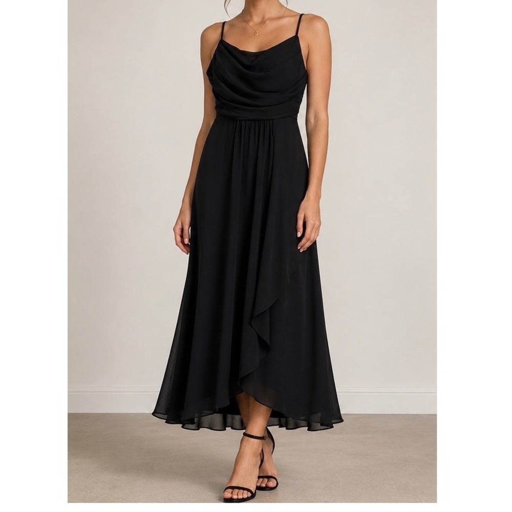 NWT BXZ Black Maxi Formal Dress Womens 6 Lace Up Back Cowl Neck Evening Gown